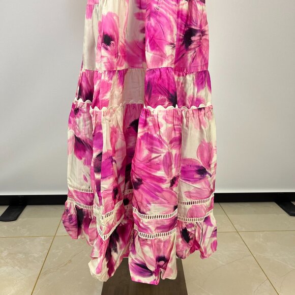 $598 NWOT JOHNNY WAS Jade Silk Blend Floral Ruffles Tiered Midi DRESS Size L - Picture 4 of 12